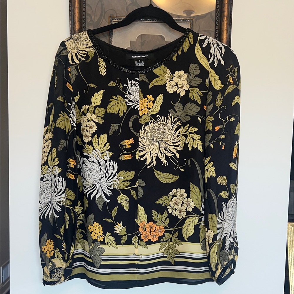 Ellen Tracy Black and Gold Floral Blouse